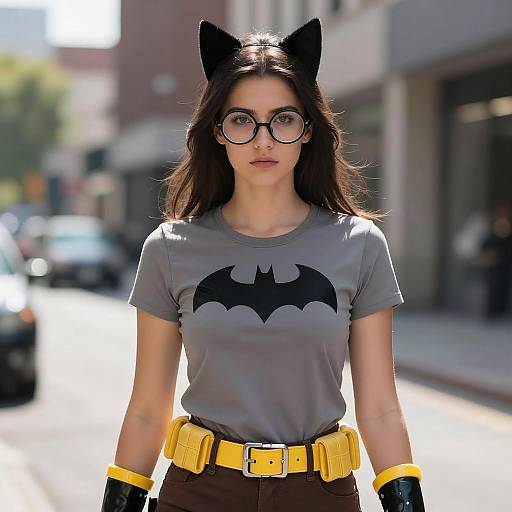 Young Woman in Batgirl Shirt and Cat Ears Cosplay
