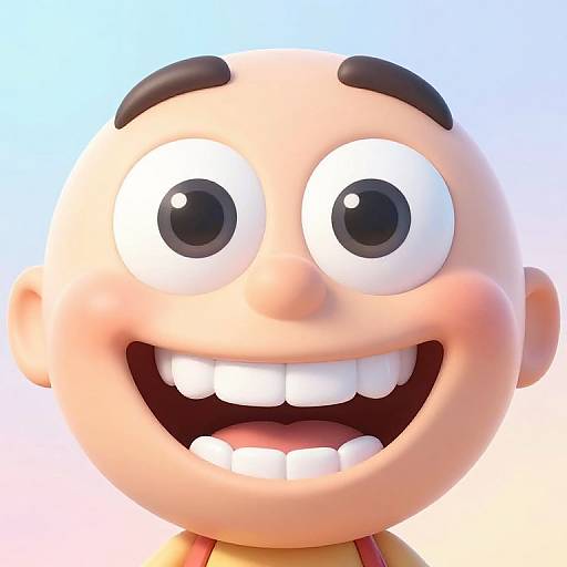CGI close-up of a cartoon character with a bald head, large black eyes, thick eyebrows, and a wide, toothy smile against a blue