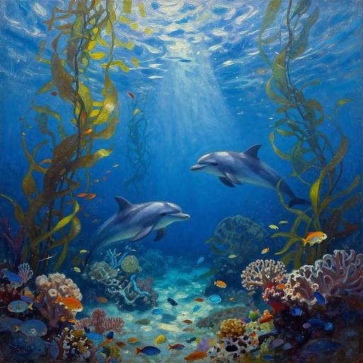 Vibrant underwater photograph of two dolphins swimming among colorful coral reefs, surrounded by schools of small fish and yellow seaweed. Sunlight filters through the