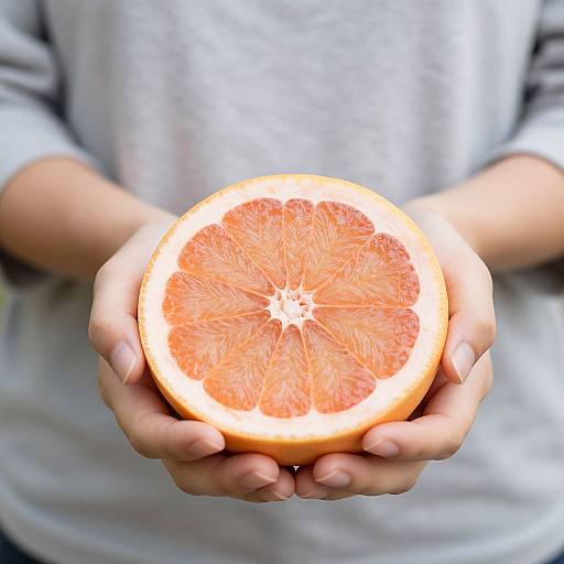 Photograph of a person in a gray shirt holding a halved, juicy orange with hands visible, emphasizing the vibrant orange interior.