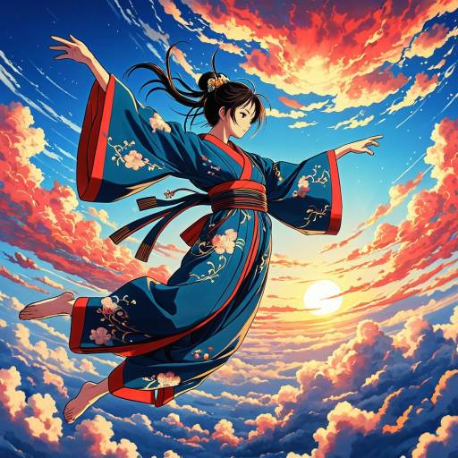 Elegant Sky Dancer in Kimono at Sunset