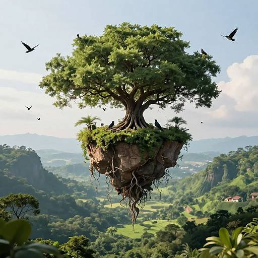 Digital artwork of a lush, floating tree with birds perched on branches, set against a vibrant, mountainous landscape with rolling hills.
