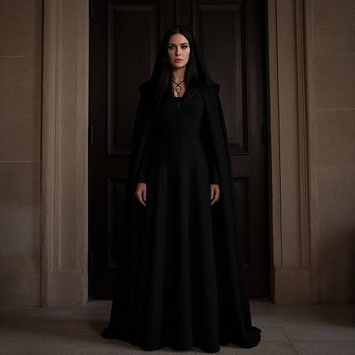 Photograph of a pale-skinned woman with long black hair, wearing a black, long-sleeved, floor-length gown and necklace, standing in