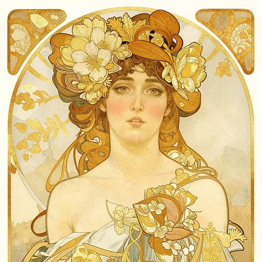 Digital art of a fair-skinned woman with wavy auburn hair adorned with white flowers, wearing an off-shoulder, floral-patterned