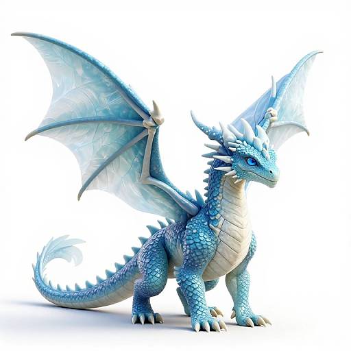 CGI blue dragon with icy wings, sharp spikes, and a creamy underbelly, standing on a white background, looking forward.