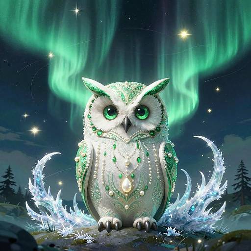 Digital artwork of a glowing, green-accented owl with large, luminescent eyes, standing on icy blue ground under a mesmerizing green aur