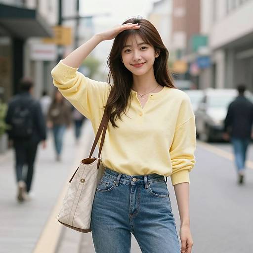 Photograph of a smiling Asian woman with long brown hair, wearing a yellow blouse and blue jeans, carrying a white handbag, standing on a blurred