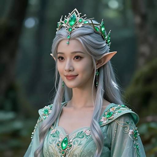 Photorealistic digital artwork of an elven princess with long silver hair, green gemstone tiara, and matching dress, in a forest background.