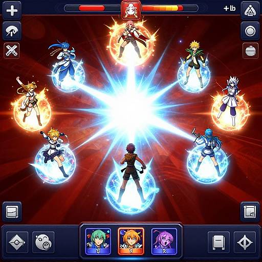 Digital game screenshot: Anime-style characters with unique hair colors, surrounded by fire and water elements, forming a bright, glowing central blast. Game interface with