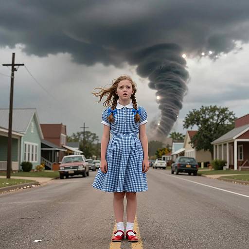 Young Girl in Blue Dress Facing Tornado on Kansas Street