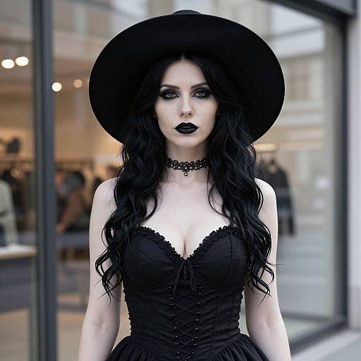 Photograph of a pale-skinned woman with long black hair, wearing a black lace choker, corset dress, and wide-brimmed hat