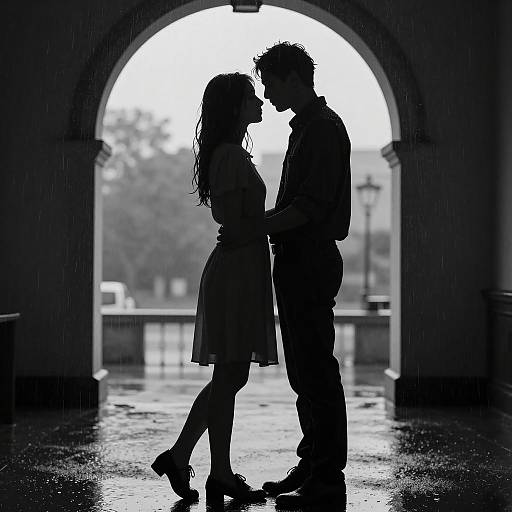 Silhouetted Couple Embracing in Rain Under Archway