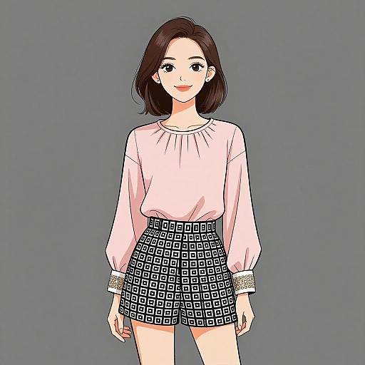 Digital anime-style drawing of a smiling young woman with short dark brown hair, wearing a pink long-sleeve top and black-and-white geometric patterned
