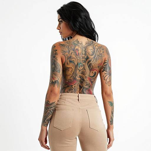 Photograph of a tattooed woman with long black hair, topless, wearing beige high-waisted pants, showcasing intricate back and arm tattoos,
