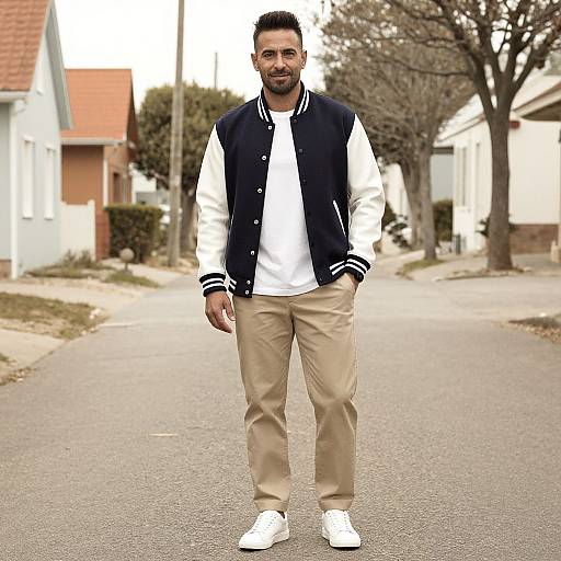Photograph of a bearded man with short black hair, wearing a black and white varsity jacket, white shirt, beige pants, and white sneakers