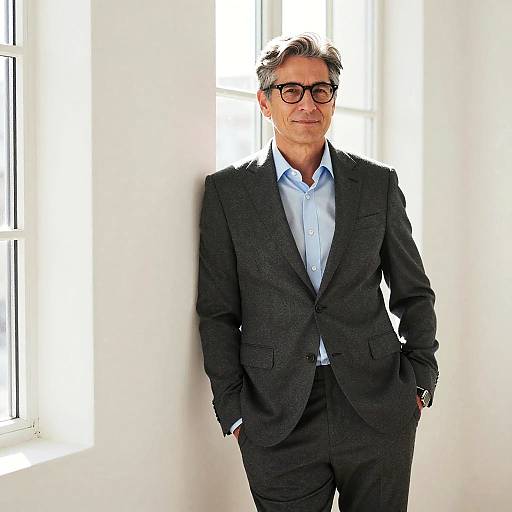 Photograph of a middle-aged man with gray hair, black-rimmed glasses, wearing a dark gray suit and light blue shirt, standing against a