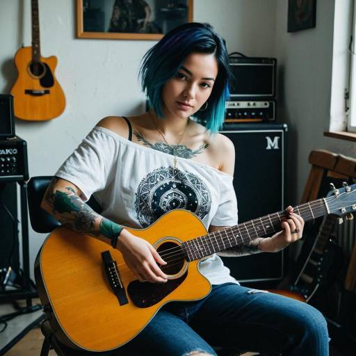 Young woman playing acoustic guitar indoors