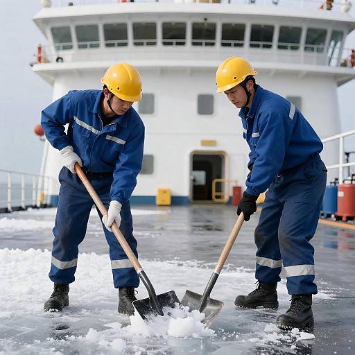 Ice Clearing Workers on Ship Deck
