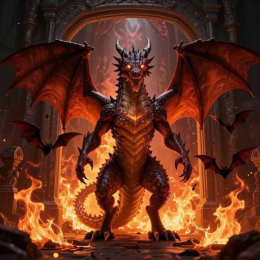 Digital artwork of a fierce, black-scaled dragon with glowing red eyes, large wings, and sharp horns standing in fiery flames within a dark, orn