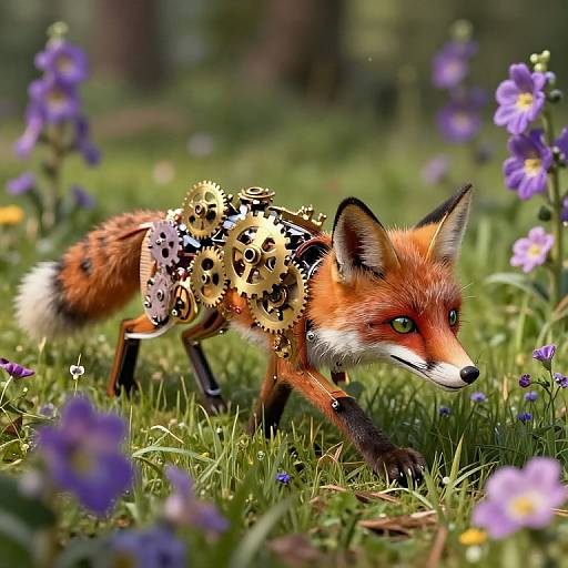 Photograph of a red fox with a golden, gear-like pattern on its back, walking through a vibrant, flower-filled meadow.