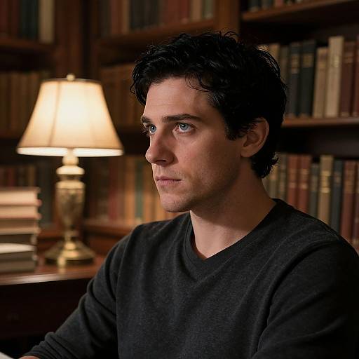 Photograph of a young man with curly black hair, blue eyes, and fair skin, wearing a black sweater, sitting in a dimly lit library