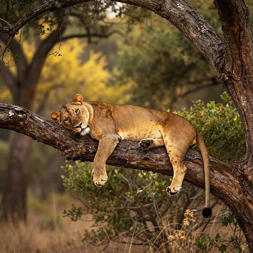 Lioness Lounging on Tree Branch