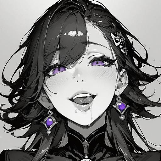 Digital manga-style portrait of a smiling woman with purple eyes, black wavy hair, and purple gemstone earrings, in black and white with purple highlights