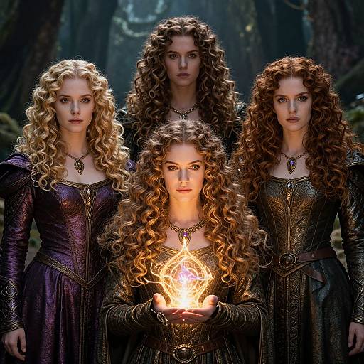 Photorealistic digital artwork of four women with long, curly hair, wearing medieval-style dark purple dresses, standing in a forest; central woman holds a