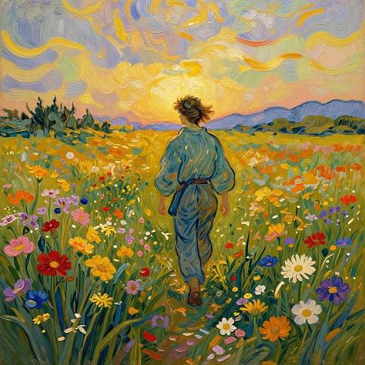 Van Gogh Style Wanderer in Blooming Field