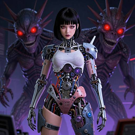 Digital artwork of a cybernetic woman with black bob haircut, white chest plate, and mechanical limbs, standing in front of two menacing, red-eyed
