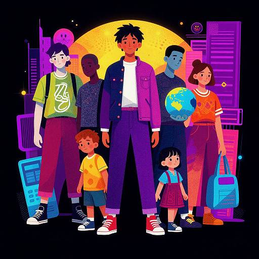 Vibrant digital illustration of diverse family with neon colors, wearing casual clothes, standing before a glowing yellow moon, holding devices and a globe, in
