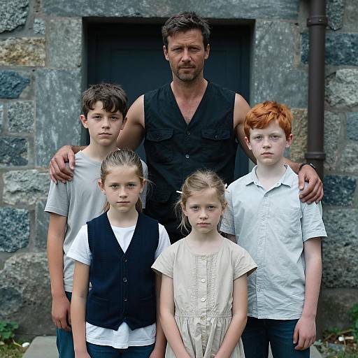 Family Gathering in Front of Stone Building