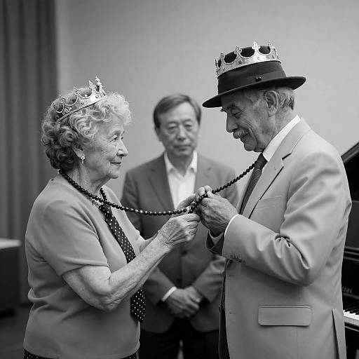 Elderly couple exchanging necklace with crowns