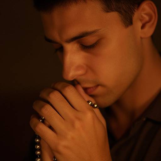 Close-up photograph of a young man with short brown hair, eyes closed, holding a beaded rosary to his lips, in warm, dim lighting