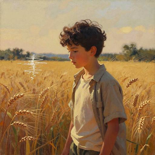 Boy in Golden Wheat Field at Dusk