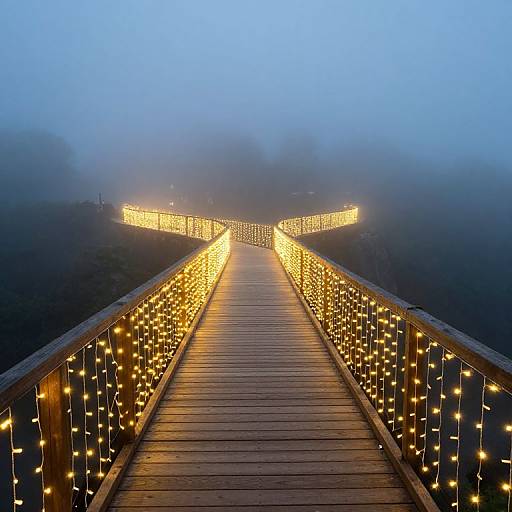 Photograph of a wooden bridge at twilight, illuminated by yellow string lights, leading into a foggy, blue-hued forest.
