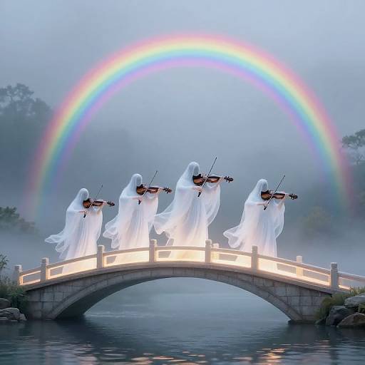 Photograph of five ghostly figures in white, playing violins on a lit bridge, under a vibrant rainbow in a misty, foggy landscape