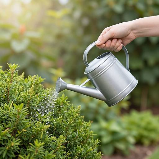 Woman Watering Lush Green Shrubs