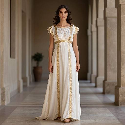 Photograph of a dark-haired woman in an elegant, white, gold-embroidered ancient Greek-style gown, walking down a colonnaded hallway