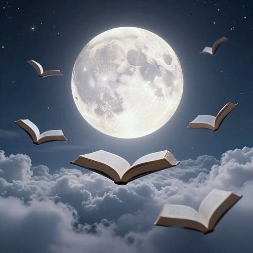 Photograph of open books floating in the night sky, illuminated by a bright, full moon, surrounded by clouds and stars.