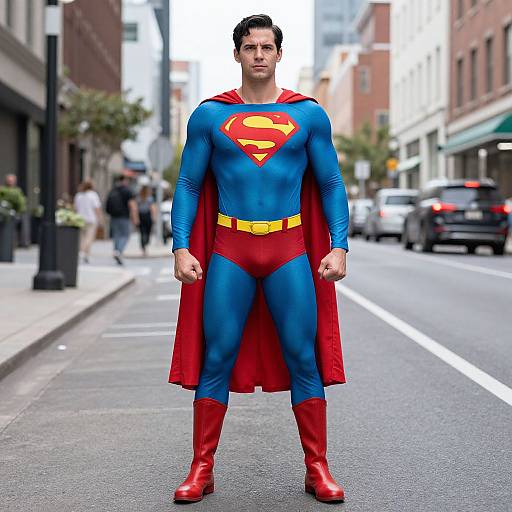 Photograph of a muscular man in full Superman costume standing confidently on a urban street, with buildings and cars in the background. Bright red boots, blue