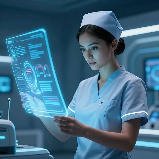 Photograph of a young woman in a white nurse's uniform and cap, holding a glowing blue holographic tablet in a futuristic, dimly lit medical