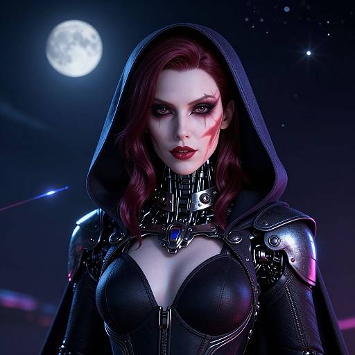 Digital art of a pale-skinned, red-haired woman with dark makeup, wearing a black hooded, armored outfit, illuminated by a full moon in