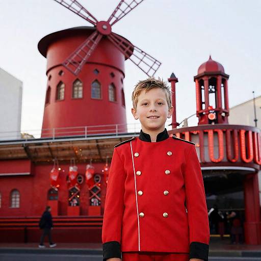 Photograph of a young boy in a red military-style coat with gold buttons, standing in front of a red windmill building.