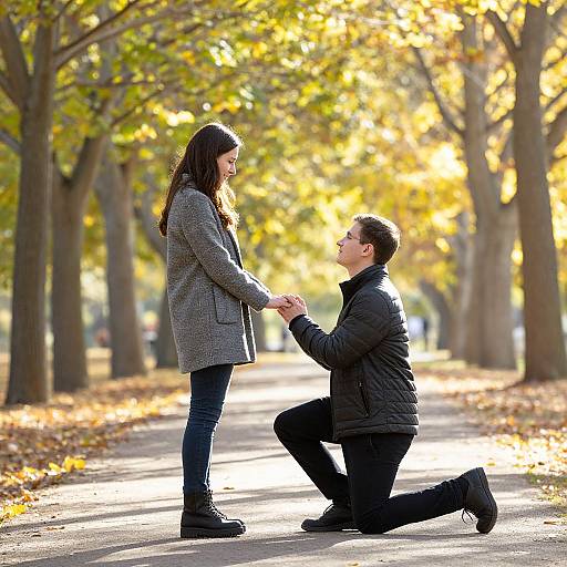 Photograph of a couple in autumn park; man kneels, holding woman's hands, both in coats, surrounded by yellow-leaved trees.