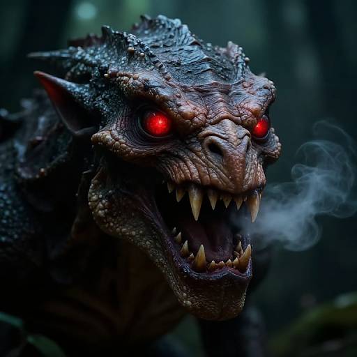 CGI close-up of a menacing, dark-scaled monster with glowing red eyes, sharp teeth, and steamy breath in a dark forest.