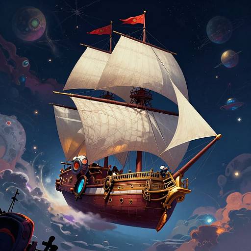 Digital artwork of a steampunk-style wooden ship with white sails sailing through a vibrant, cosmic sky filled with planets and colorful clouds.
