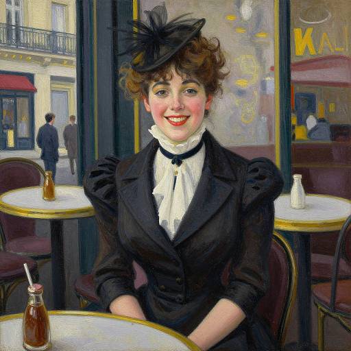 Happy Edwardian Woman in Paris Cafe