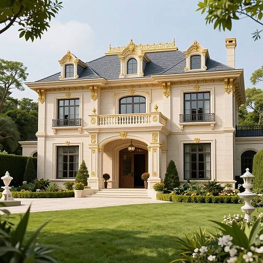 Ornate Gold-Trimmed Mansion Garden