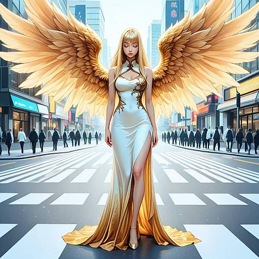 Digital artwork: Angelic woman with golden wings, long blonde hair, white dress with slit, standing on city street crosswalk at night.